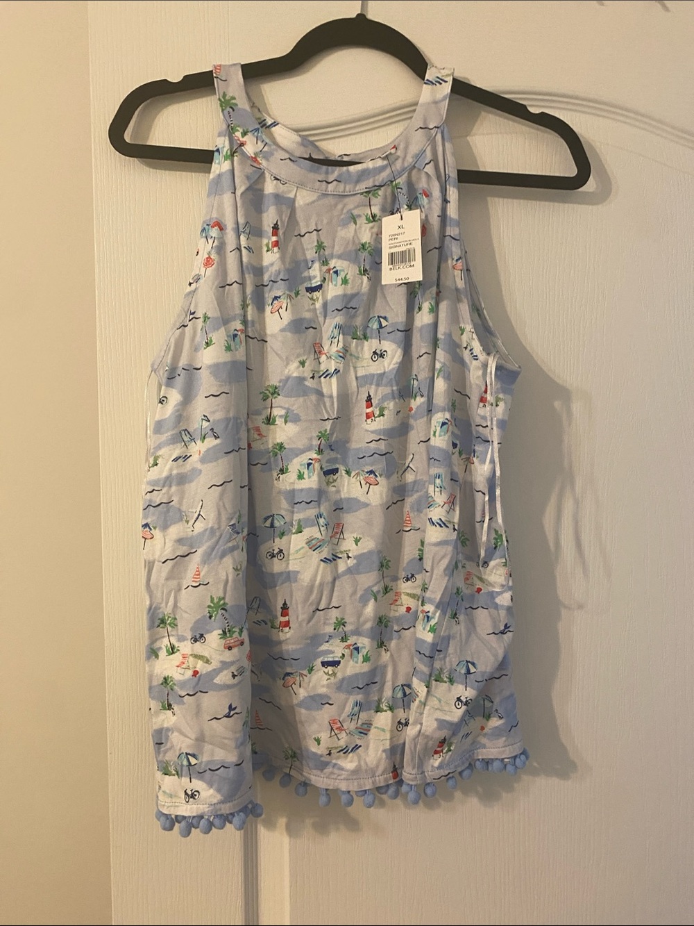 crown & ivy Light Blue Beach Print Pom Trim Tank Top